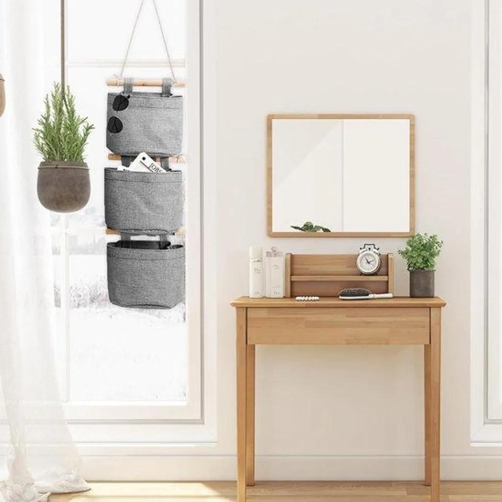 Organiseur mural suspendu en textile et bois pour rangement polyvalent
