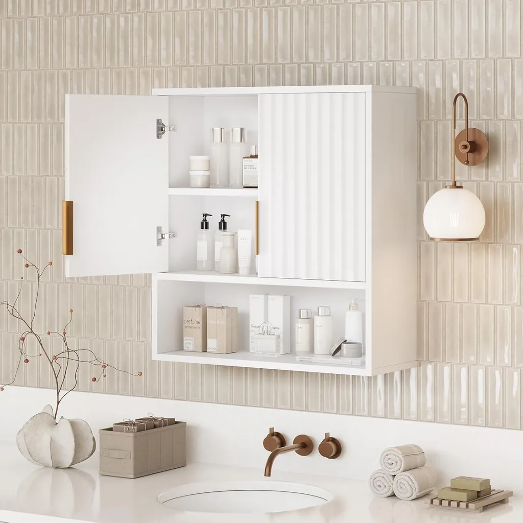 Meuble de salle de bain mural blanc avec compartiment ouvert et portes - 3