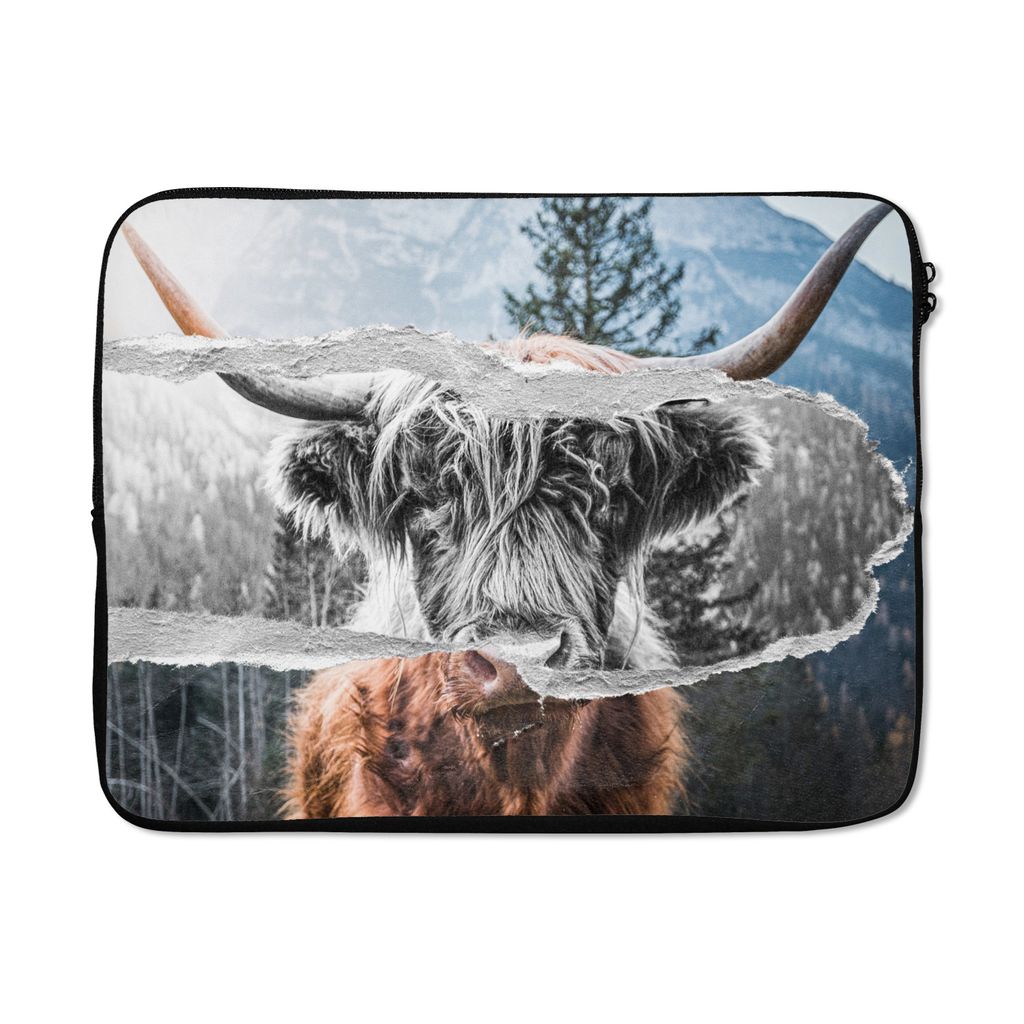 MuchoWow Laptop Hülle 17 Zoll Laptoptasche Schottischer Highlander - Kuh - Schwarz - Weiß - Zipper - Schutzabdeckung