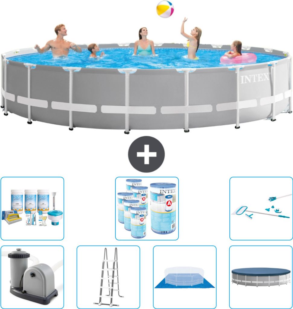 Intex Round Prism Frame Swimming Pool – 610 x 132 cm – Grau – inklusive Pumpe – Leiter – Bodenplane – Abdeckung Wartungspaket - Filter ...