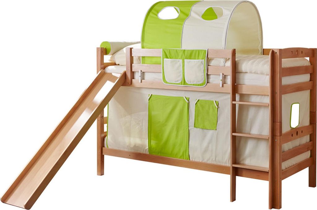 Etagenbett mit Rutsche Doppelbett Buche massiv Natur, Vorhangstoff:Beige Grün