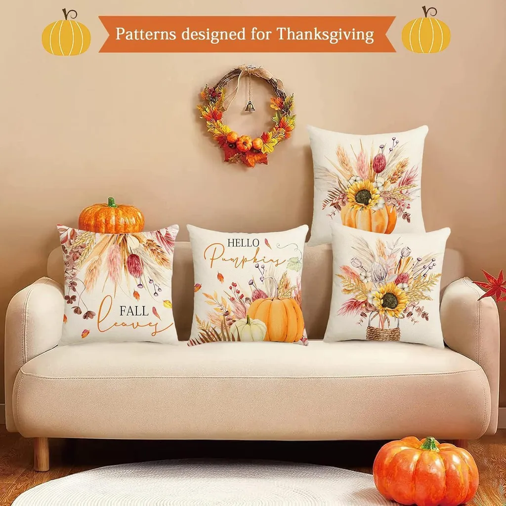 Copricuscini Zucca 45x45 Set da 4 - Arredo Autunnale Moderno Sofà - 4