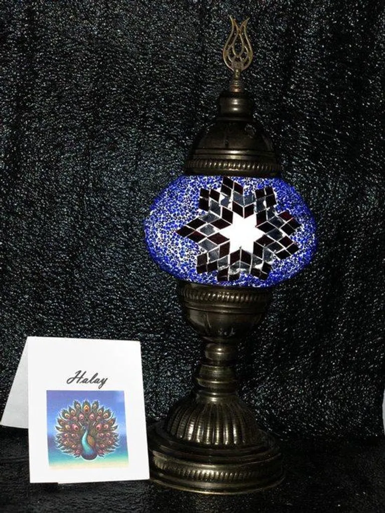 Lampe mosaïque turque faite main bleue et rouge 25cm luminaire unique