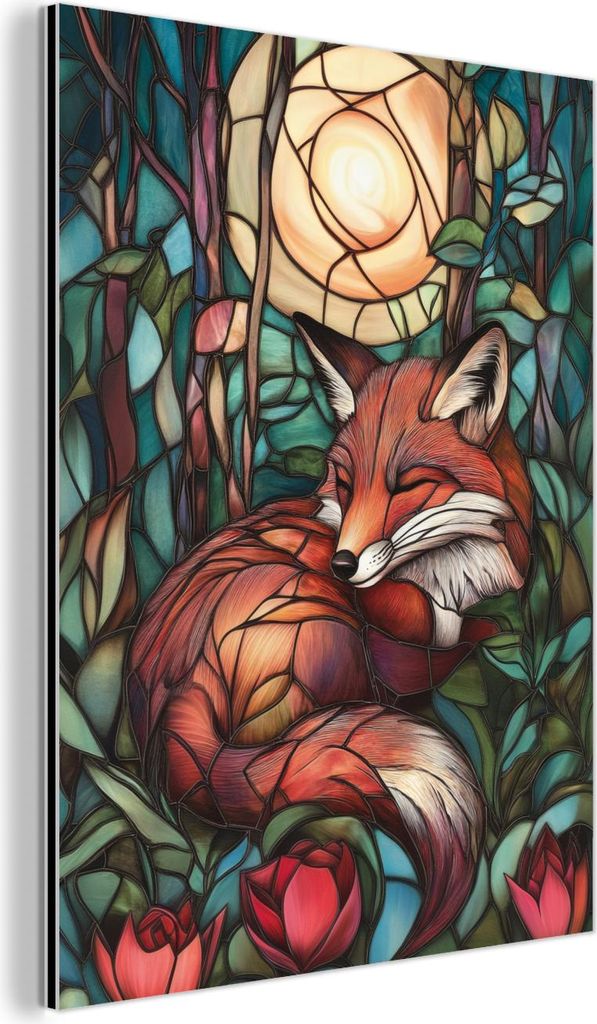 MuchoWow Wanddekoration Metall Metallbild Wandkunst 30x40 cm Fuchs - Mosaik - Wald - Mond MuchoWow Aluminium Gemälde - Bilder