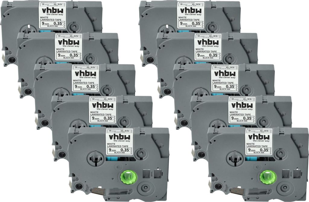 vhbw 10x Schriftband-Kassette kompatibel mit Brother PT D600, D600VP, D450, D450VP, H100LB, E100, E100VP Etiketten-Drucker 8m x 9mm Schwarz auf Weiß