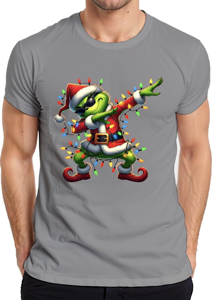 Grinch Dabbing Weihnachten Santa Lichterkette Lustig Geschenk Herren T-Shirt, Grau, L