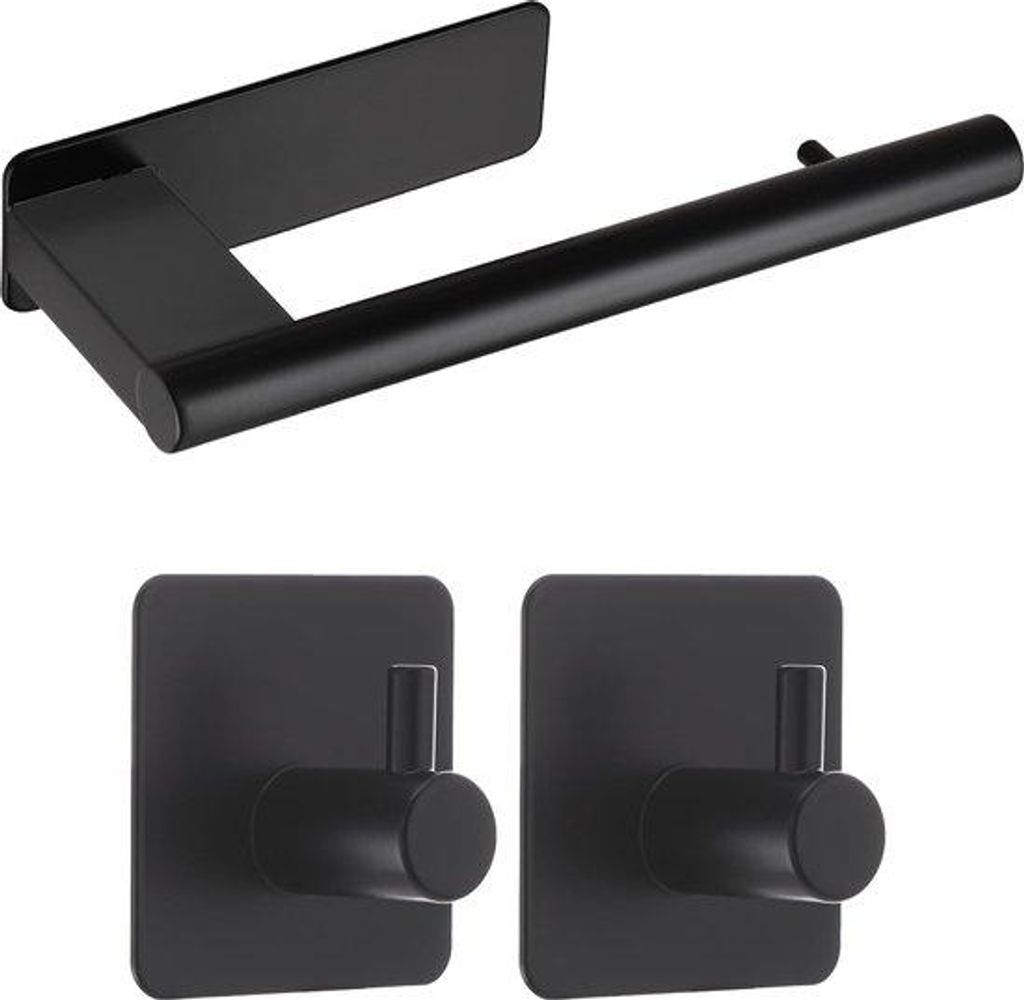 Schwarzes Edelstahl-Toilettensetz mit 2 Klebehaken, matt
