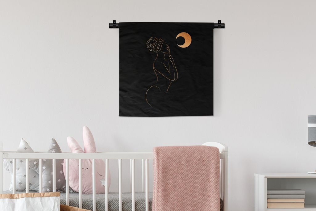 MuchoWow Wandteppich Wandbehang Frau - Mond - Schwarz und Gold - Strichzeichnung 60x60 cm Tapisserie Dekoration Wandtuch - Dekorationen - Wand Decke