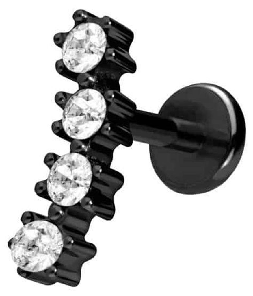 Ohrpiercing, Nasenpiercing Titan Labret mit Push Fit 4 EINGEFASSTE KRISTALLE Schwarz Stablänge: 5mm | Stabstärke: 1mm