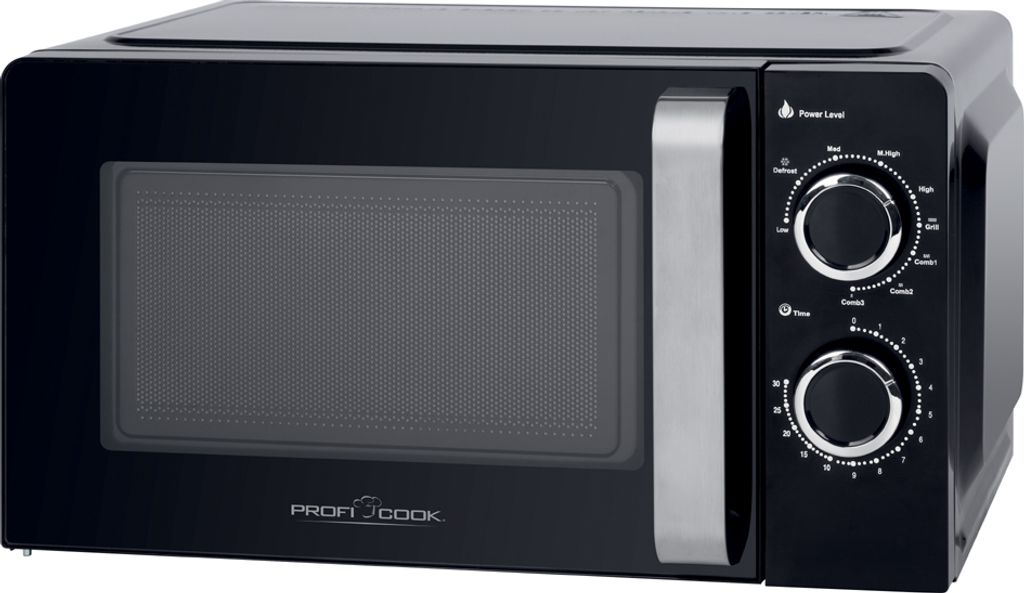 A black countertop microwave with a silver handle and control panel.