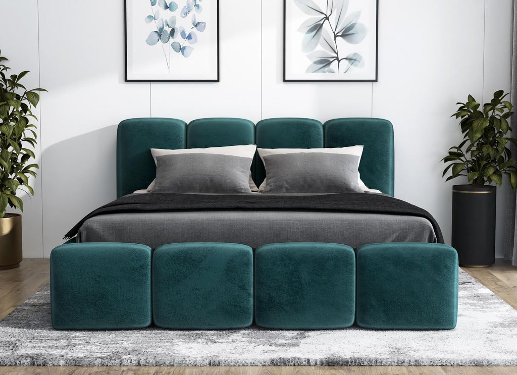 Polsterbett DONA-OM mit Bettkasten und Metallgestell 90 x 200 cm. Modernes Einzelbett mit Stauraum, ohne Matratze. Farbe: Grün