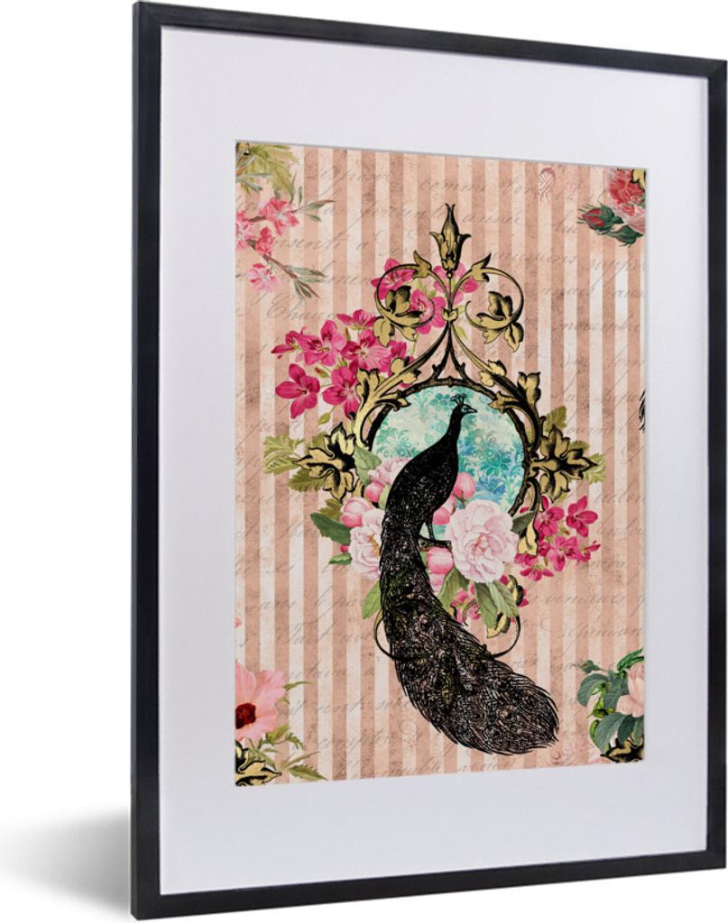 MuchoWow Gerahmtes Poster Pfau - Rosa - Blumen 30x40 cm - Poster mit Schwarzem Bilderrahmen Wandposter Rahmen Foto Bilder - Wandposter Schlafzimmer