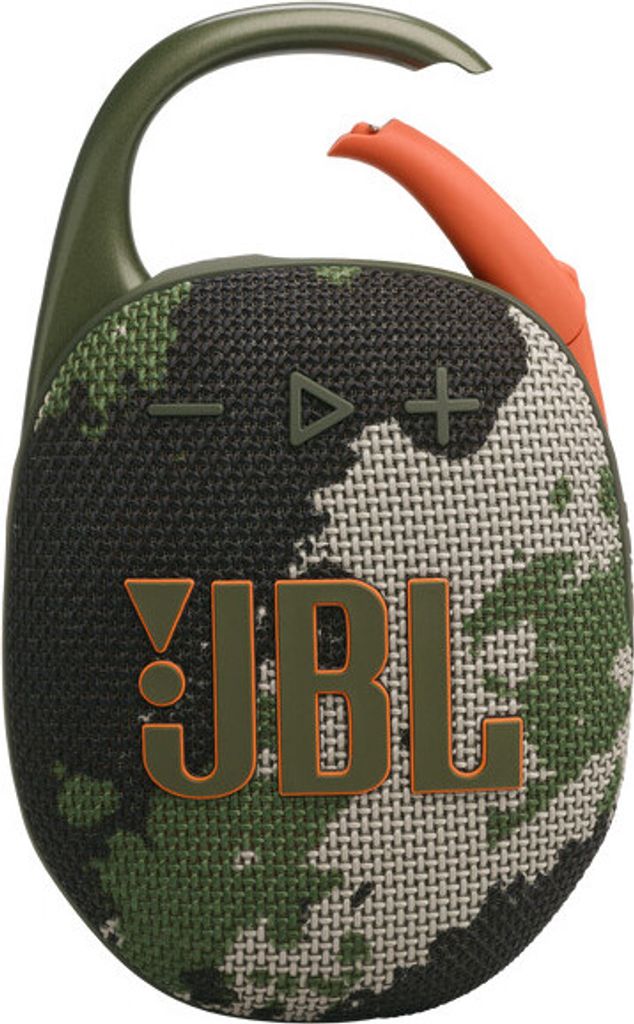 A close-up front view of a JBL Clip 5 portable speaker with a camouflage pattern.