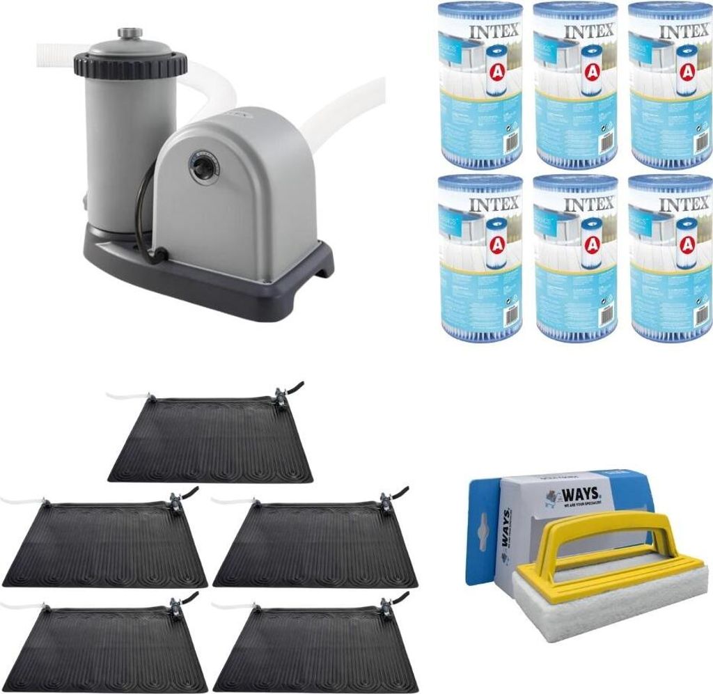 WAYS - Poolpflege - 5x Poolheizung & Filterpumpe 5678 L/u & 6 Filter Typ A & WAYS Scheuerbürste