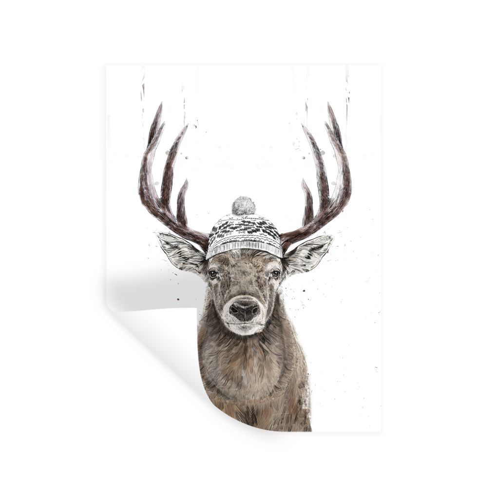 MuchoWow Wandtattoo Wandsticker Wandaufkleber Hirsch - Winter - Hut - Geweih 30x40 cm Selbstklebend und Repositionierbar - Sticker - Dekorfolie