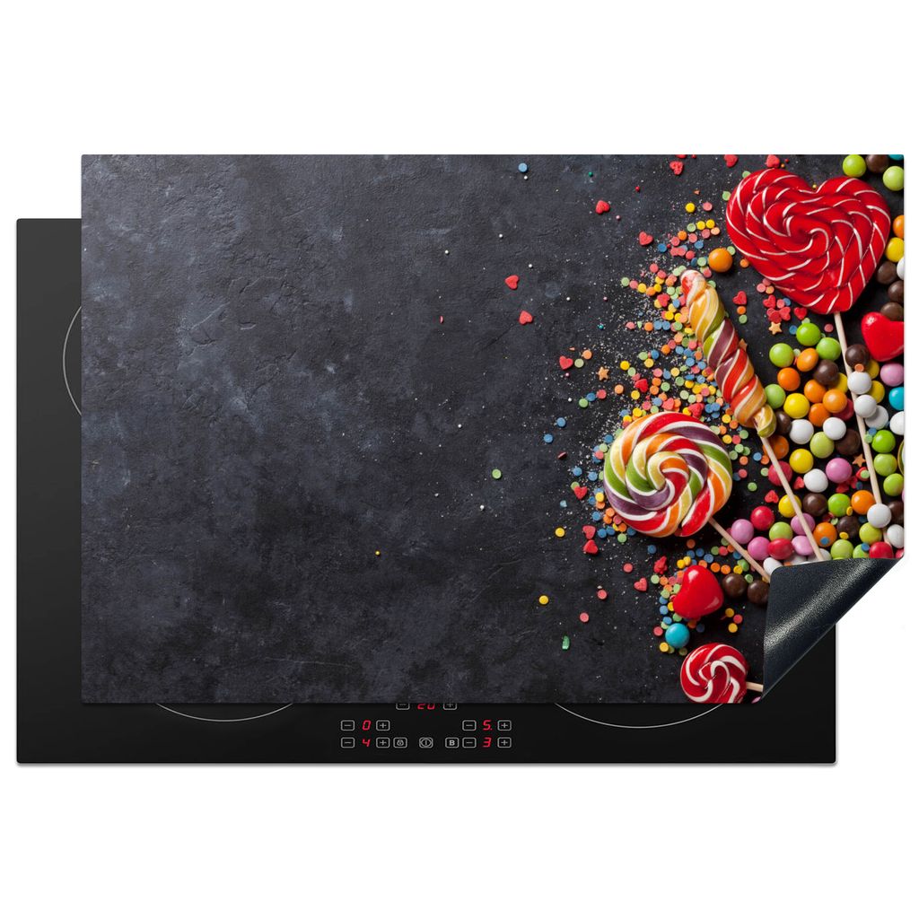 KitchenYeah Herdabdeckplatte Süßigkeiten - Lutscher - Bunt - Beton , 77x51cm, Küche Deko, Glaskeramikfeld Herdabdeckung, Abdeckplatte fùr Koc...