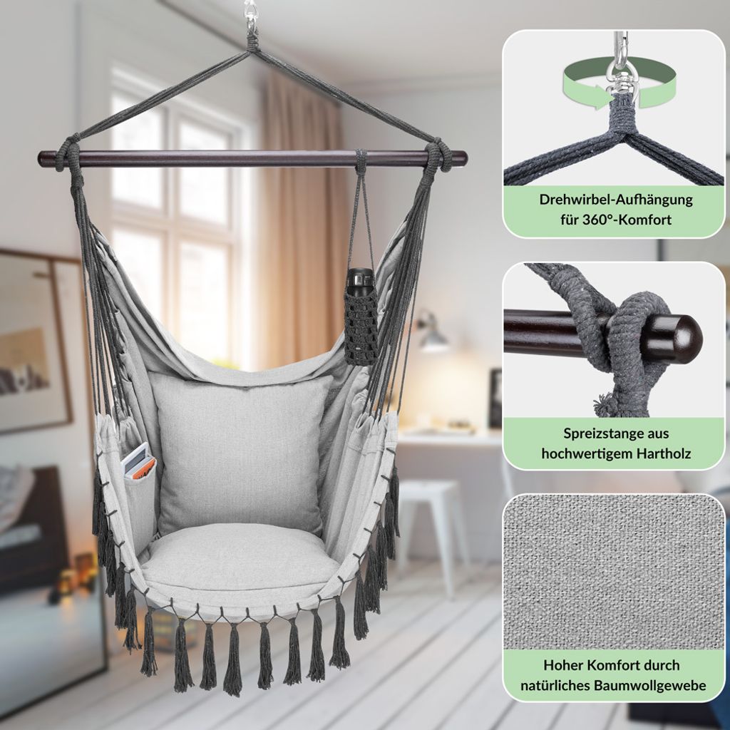 Sedia Sospesa A Dondolo DETEX Con Cuscini - Portata 150 Kg, Diametro 60 Cm, Stile Boho Per Interni Ed Esterni