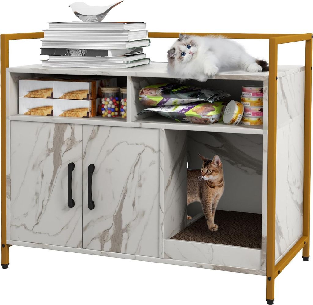 GOPLUS Katzenschrank, Katzentoilette mit Doppeltüren & stabilem Metallrahmen & Kratzbrett & 2 Fächern, Katzenmöbel für Katzen Hunde