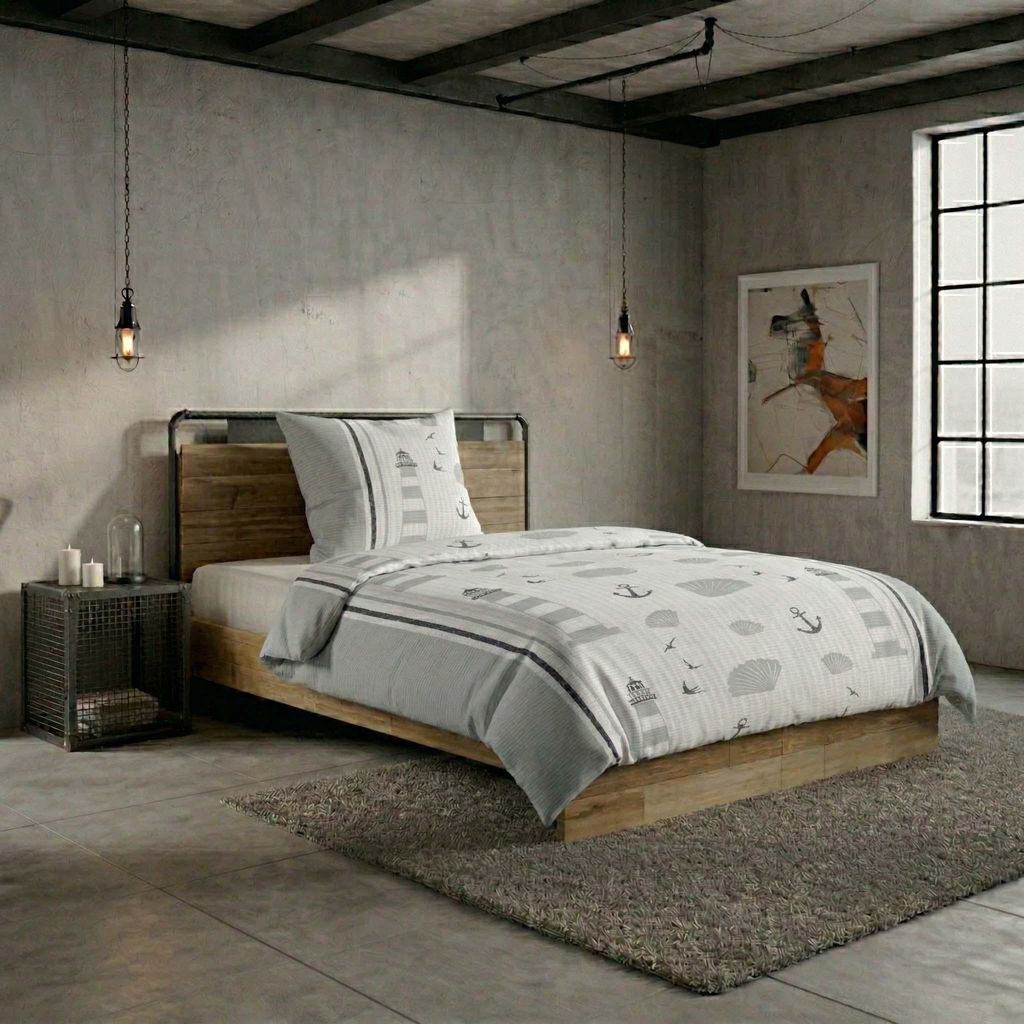 Microfaser Seersucker Bettwäsche 135x200 cm Grau Weiß Muscheln – 100% Polyester – Bügelfrei & Trocknergeeignet