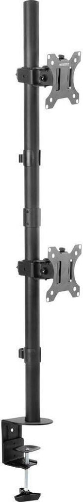 A black dual monitor mount with a clamp base, shown against a white background.
