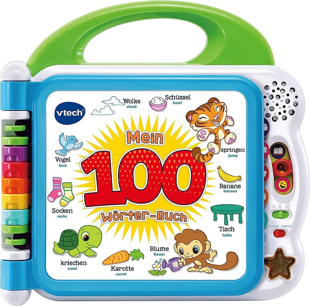 A Vtech electronic learning book for children, displaying various animals and objects with their names in German and English.
