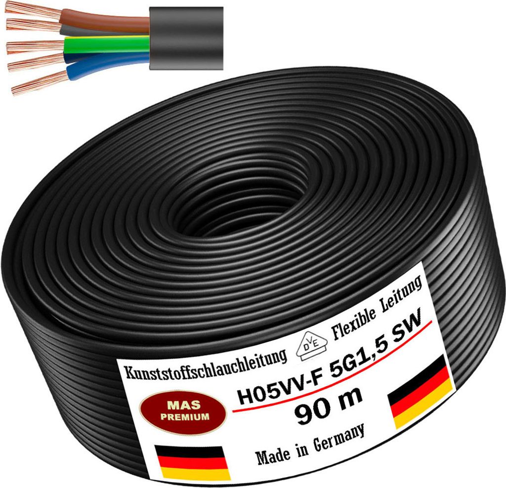90m Kunststoffschlauchleitung H05VV-F 5G1,5 Schwarz Flexible Leitung Gerätekabel