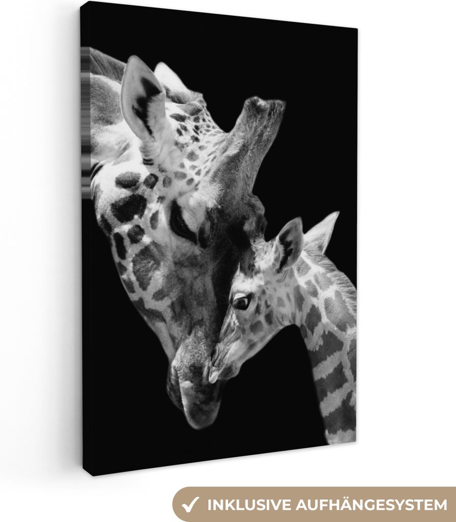 MuchoWow - Leinwandbilder - Giraffe - Wildtiere - Porträt - Schwarz-Weiß, Wandbild, Wanddeko Bilder Wohnzimmer, 80x120 cm