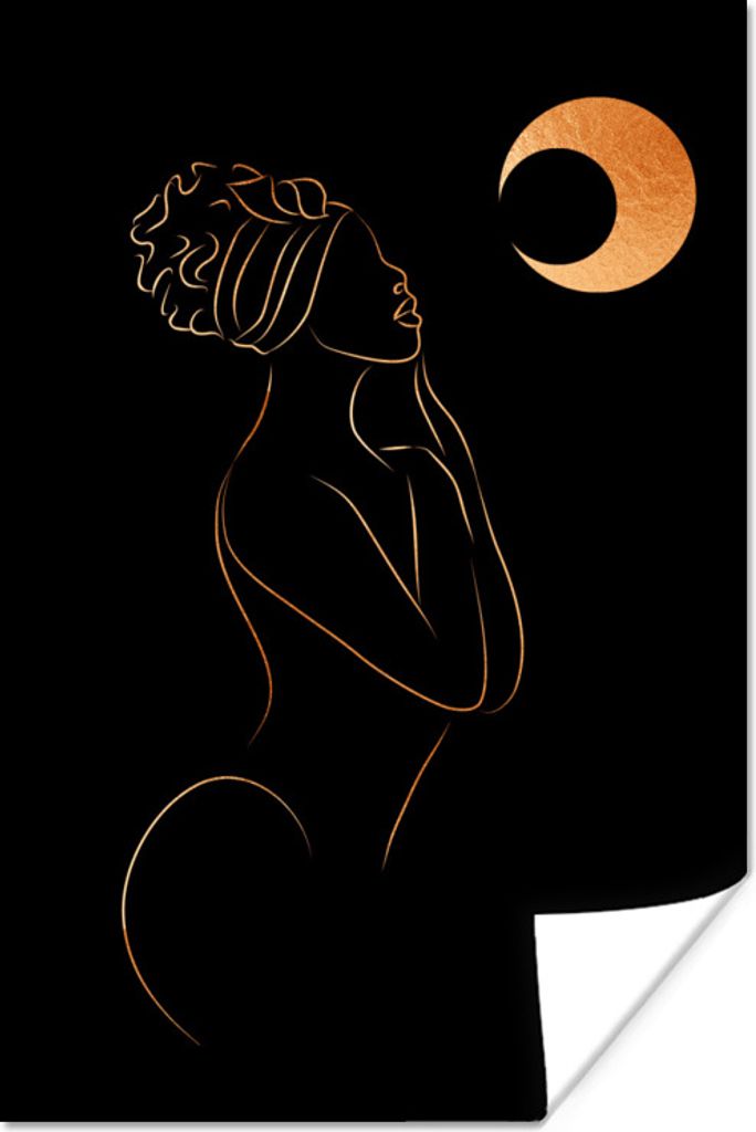 MuchoWow Poster Frau - Mond - Gold - Strichzeichnung 40x60 cm - Plakate für die Wand - Poster Babyzimmer