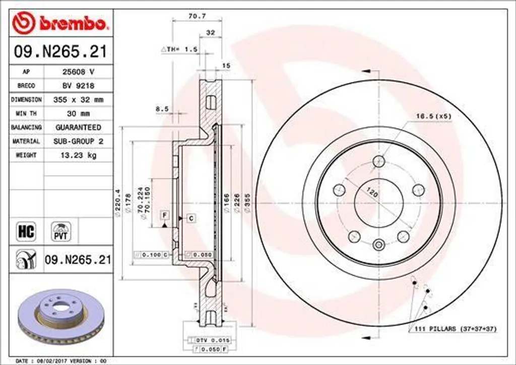 Disque de frein ventilé Brembo 09.N265.21 pour berline Model S 5YJS