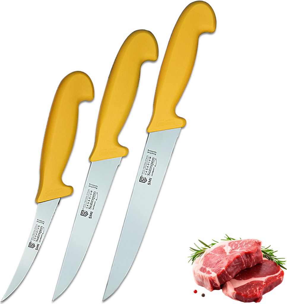 SMI 3 Stück Küchenmesser Set - Solingen Ausbeinmesser, Metzgermesser, Kochmesser & Fleischermesser aus Edelstahl, Germany