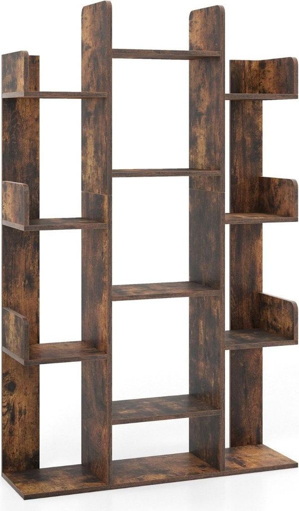Baumförmiges Bücherregal mit 13 Offenen Fächern Ablageregal Holzregal 86 x 24,5 x 141 cm Braun