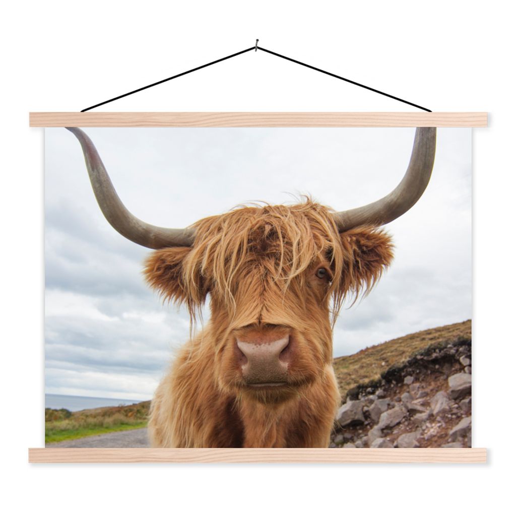 MuchoWow Textilposter Schottischer Highlander - Hörner - Berg 60x45 cm mit holzfarbenen Rahmen - Bild