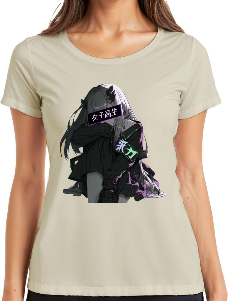 女子高生 Anime Gothic Emo Traurig Vaporwave Neon Ästhetisch Kawaii Damen T-Shirt, Natur, XL
