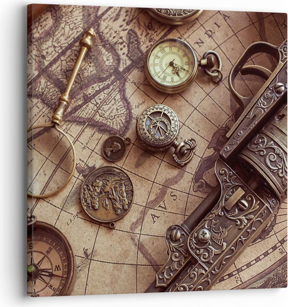 Bild auf Leinwand - Leinwandbild - Einteilig - Kartographie Vintage Kompass - 30x30cm - Wand Bild - Wanddeko - Wandbilder - Leinwanddruck - Bilder ...