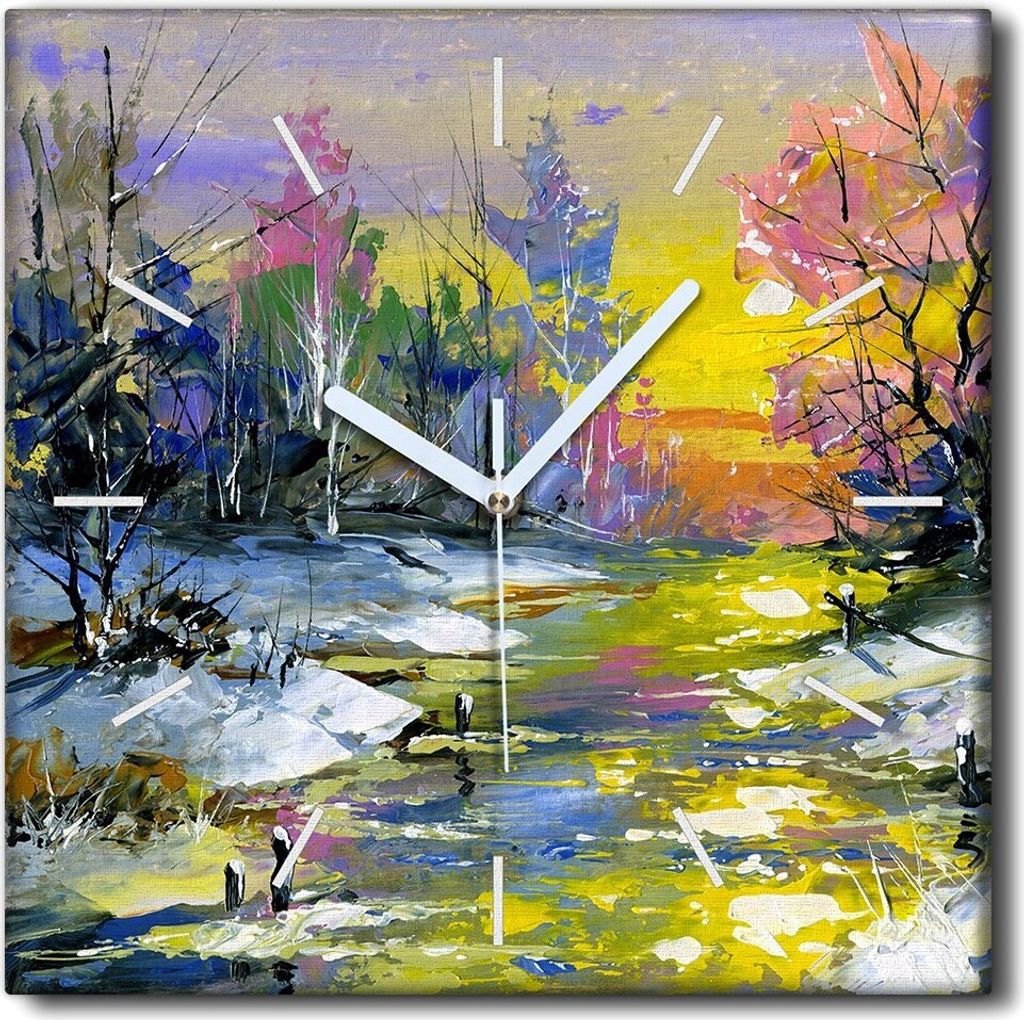 Coloray Uhr auf Leinwand 30x30 cm Wand Uhr Dekoration Wohnzimmer Segeltuch weiße Zeiger -Winterfließlandschaft.