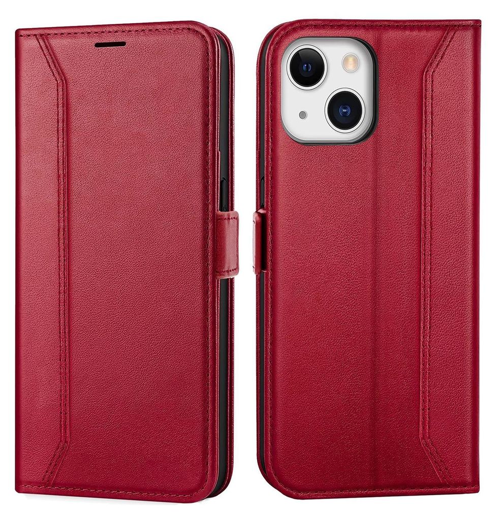 Leaisan IPhone 13 Leder-Hülle Mit Standfunktion – Flip-Case Mit Kartenfächern In Weinrot