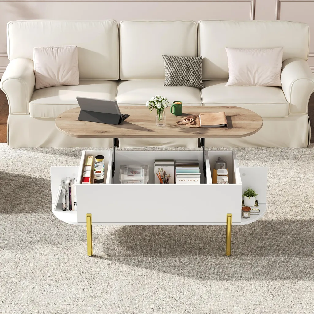 Table de Salon Relevable Multifonction avec 7 Niches de Rangement Blanc - 2