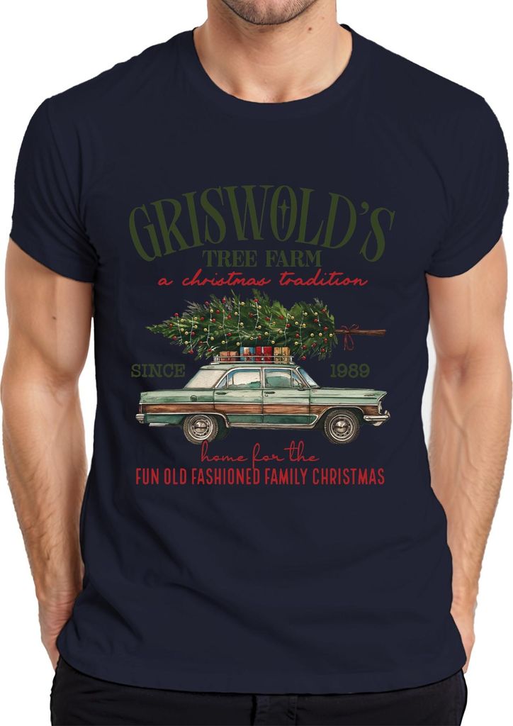 Griswold's Tree Farm a Christmas Tradition Family Vintage Auto Herren T-Shirt, Navy, S