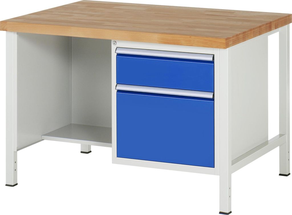Werkbank mit Ablageboden - 2 Schubladen - Teilauszug - 180:1 / 360:1 - 840 x 1.250 x 900 mm (HxBxT) - Traglast 1.250 kg - Buche