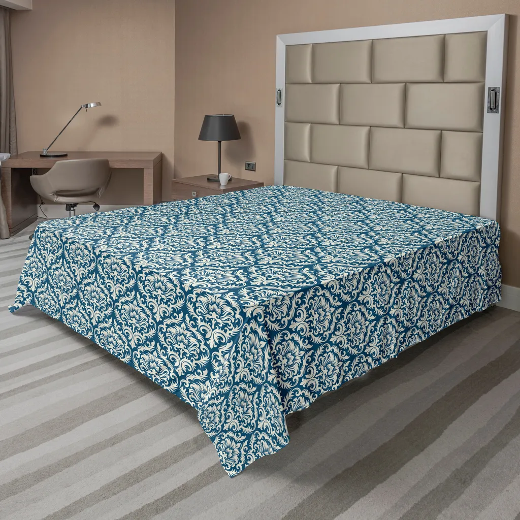 Drap plat supérieur imprimé art moderne, 260 x 228 cm, bleu et crème