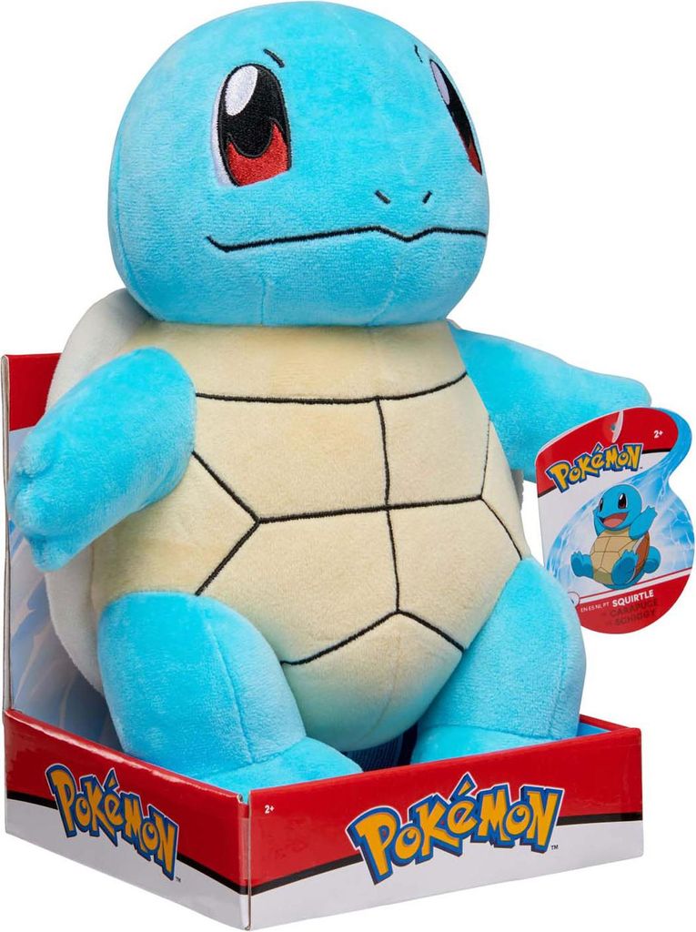 A plush toy of the Pokemon character Squirtle is displayed in its packaging.