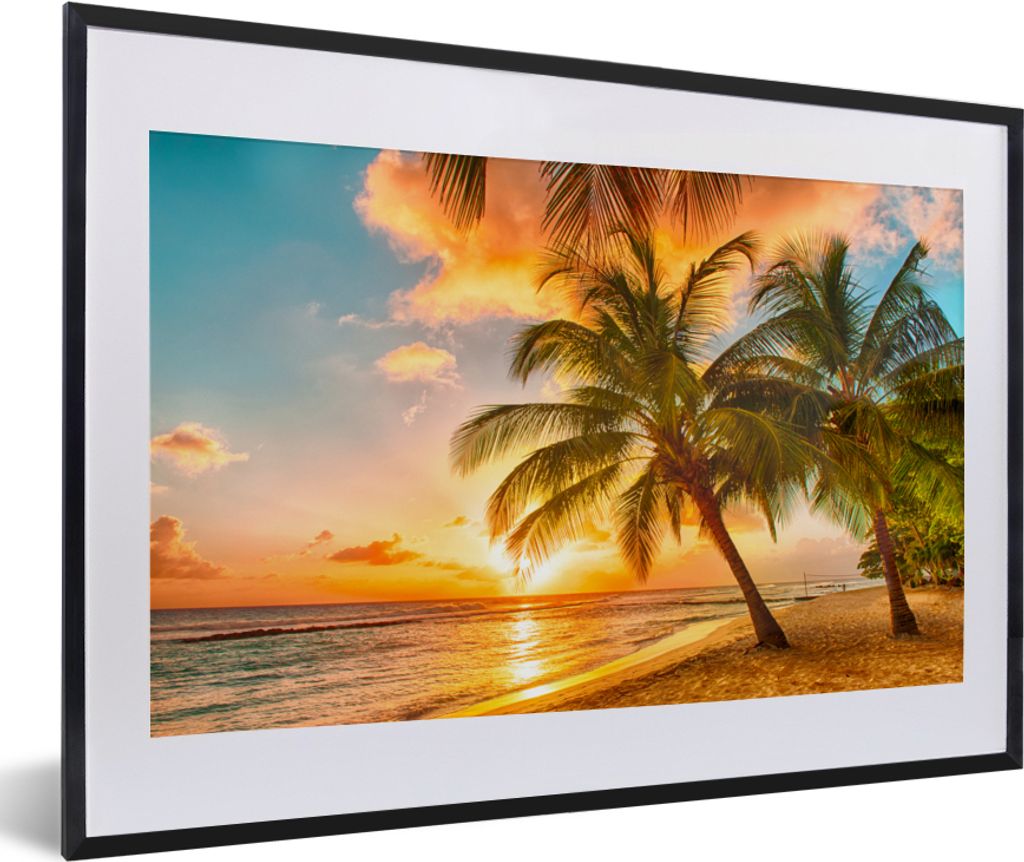 MuchoWow Gerahmtes Poster Sonnenuntergang - Palme - Wolken - Meer - Strand 60x40 cm - Poster mit Schwarzem Bilderrahmen Wandposter Rahmen Foto Bi...