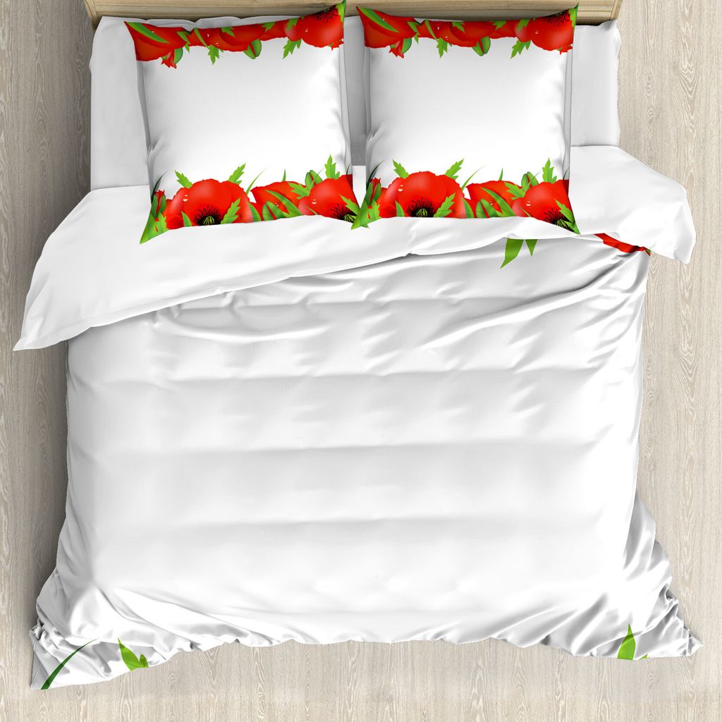 ABAKUHAUS Mohn Bettbezug, Stauden Beetpflanzen, Milbensicher Allergiker geeignet mit Kissenbezügen, 200 cm x 200 cm - 80 x 80 cm, Vermilion Grün ...