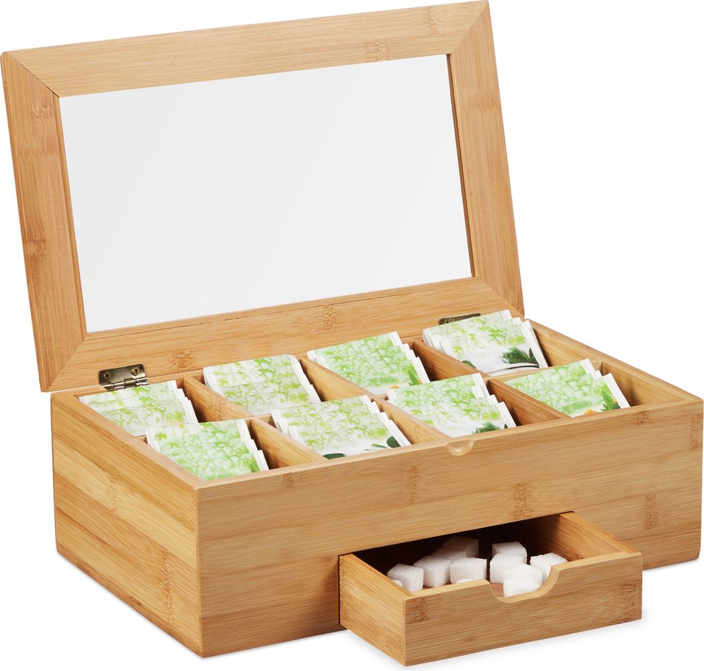 Relaxdays Teebox Bambus, Sichtfenster im Deckel, 8 Fächer, Teekiste mit Schublade, Teebeutelbox HxBxT 11x33x20 cm, natur