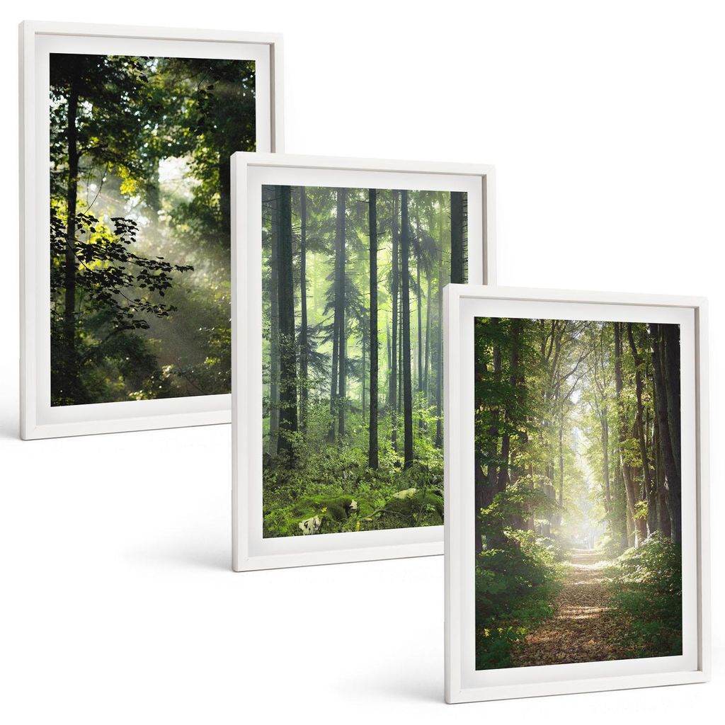 Bilder Set 3-teilig im weißen Rahmen – Wandbilder 3 Stück – gerahmte Poster für Wohnzimmer, Schlafzimmer und Flur – 40x60 cm – Grüne W...