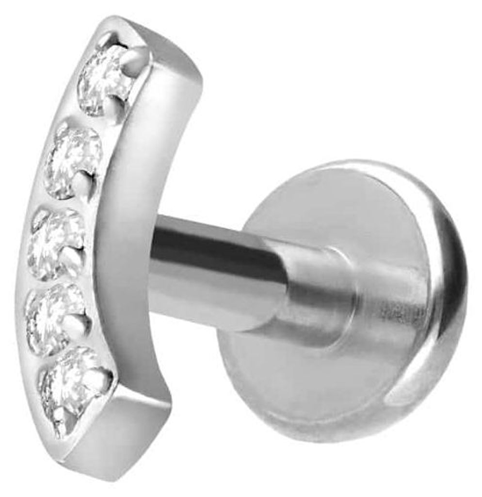 Ohrpiercing, Nasenpiercing Titan Labret mit Innengewinde BOGEN + 5 KRISTALLE Silber Stablänge: 8mm | Stabstärke: 1,6mm