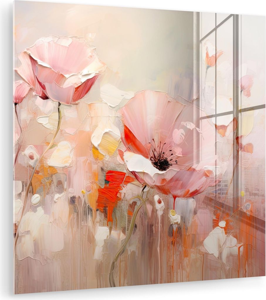 MuchoWow Glasbilder - Bilder auf Wandbild - Foto auf Glas Blumen - Aquarell - Rosa - Abstrakt - Kunst 30x30 cm Wanddekoration aus Glas - Acrylglasb...
