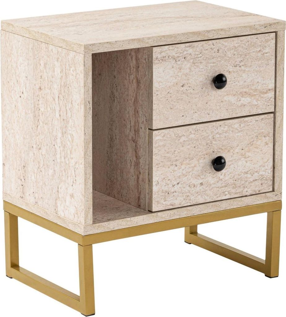Nachttisch Rhiannon, Niedrige Kommode, Tisch, Multifunktionaler Nachttisch, 45x30 h50 cm, Beige und Gold