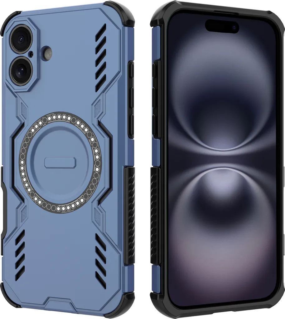 Custodia magnetica per iPhone 16 Plus, paraurti ibrido in PC e TPU, prese d'aria per la dissipazione del calore Custodia blu
