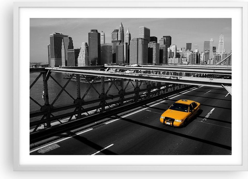 Gerahmtes Poster - Weißer Rahmen - New York Manhattan Brooklyn Brücke Taxi - 70x50 cm - Wand Bild - Wanddeko - Wandbilder - Wandposter - Bilderra...
